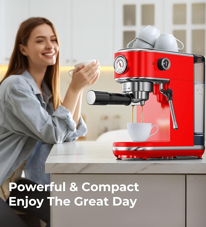 20 Bar Espresso Machine with Milk Frother, Compact Espresso Maker, Stainless Steel Coffee Machine with Precise Temp Control & 44oz Removable Water Tank for Latte, Cappuccino, Red