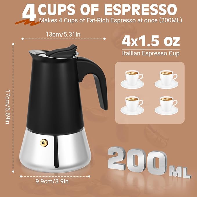 Suiitat Moka Pot, 4 Cups (7.1 oz) Stovetop Espresso Maker, 304 Stainless Steel Moka Pot, Induction Compatible, Black