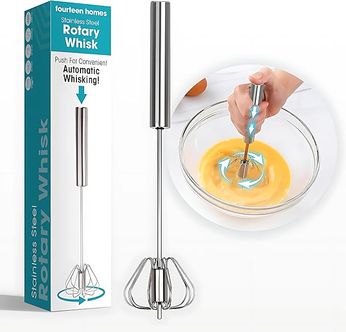 Fourteen Homes Stainless Steel Egg Whisk - Hand Push Rotary Blender & Versatile Milk Frother, 12in - Ideal for Blending, Whisking, Beating & Stirring