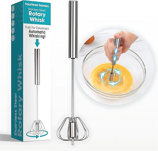 Fourteen Homes Stainless Steel Egg Whisk - Hand Push Rotary Blender & Versatile Milk Frother, 12in - Ideal for Blending, Whisking, Beating & Stirring