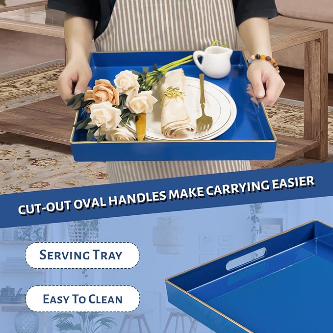 MAONAME Decorative Tray, Royal Blue Serving Tray with Handles, Coffee Table Trays, Square Plastic Trays for Ottoman, Bathroom, Kitchen, 13" x 13" x 1.57"
