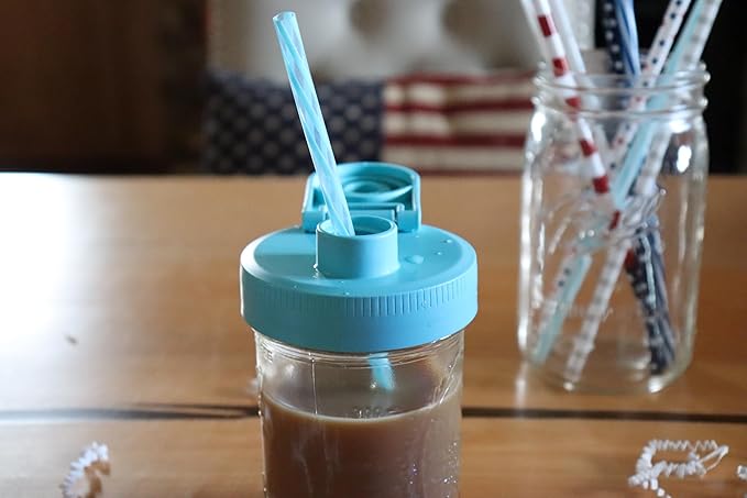 Brewing America Creamer Jar with Pouring Lid, 1 Pint (16 oz) Azure Mason Jar with Teal Wide Mouth Pour Lid for Milk, Sugar, and Cream, 1-Pack (Teal)