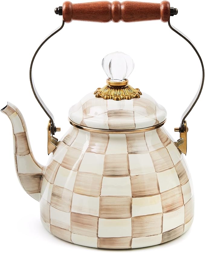 MACKENZIE-CHILDS Enamel Tea Kettle, Stylish Tea Kettle for Stovetop, Brown-and-White Mocha Check, 2 Quarts