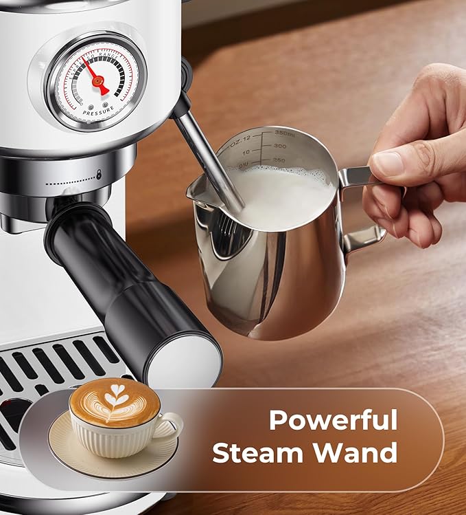 20 Bar Espresso Machine with Milk Frother, Professional Compact Espresso Maker, Stainless Steel Coffee Machine with Precise Temp Control & 44oz Removable Water Tank for Latte, Cappuccino, White
