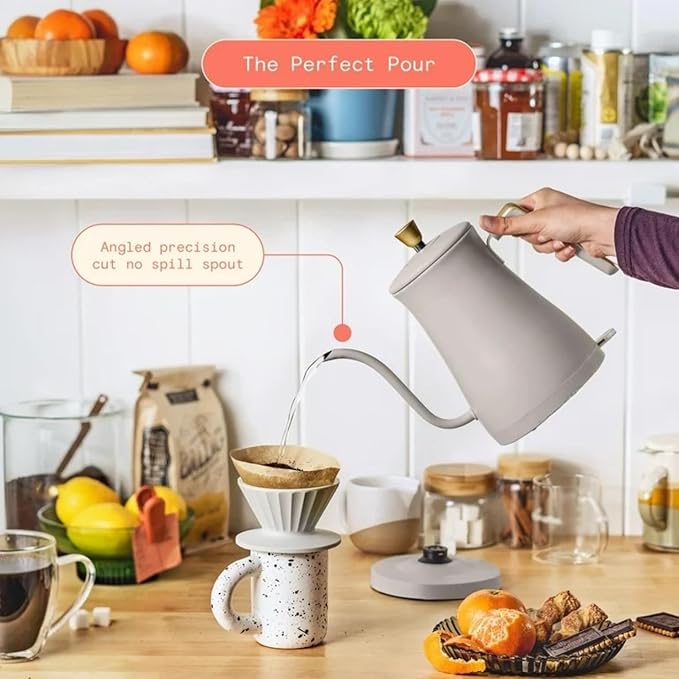 Electric Gooseneck Kettle 1 Liter 1200W, Stainless Steel, Pour Over Coffee Tea, Auto Shut-Off, 360° Cordless Power Base (Porcini Taupe)