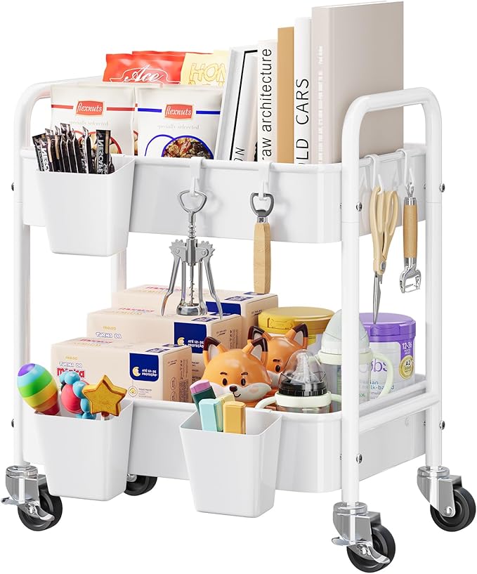 2 Tier Small Rolling Metal Cart with Wheels, White Under Desk Storage Cart on Wheels, Short Utility Roller Carts Organizer for Pantry, Bathroom, Kitchen,Office, Two Tiered Mobile Storage Shelf Trolley