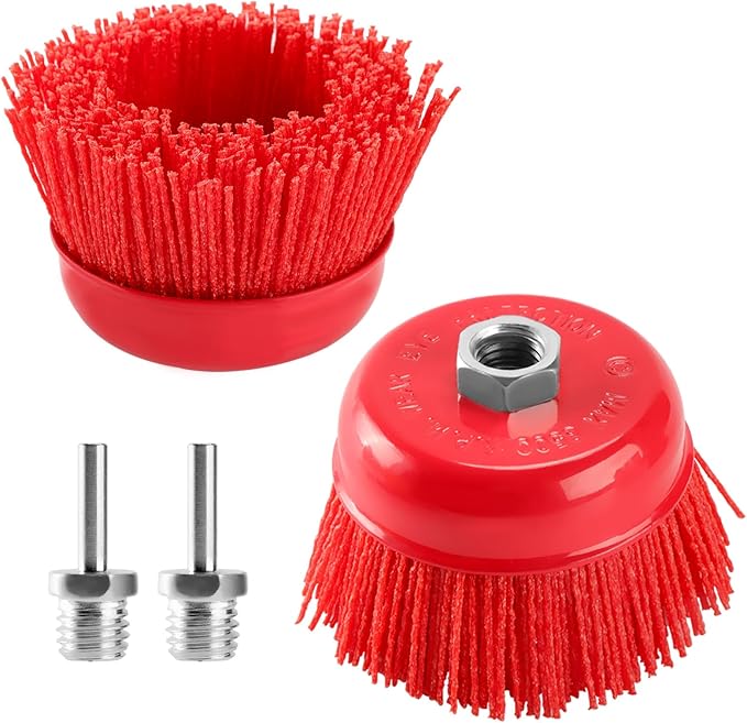 POLIWELL 4 Inch Nylon Filament Brush 2 Pack, 4” Abrasive Bristle Cup Brush Set 5/8"-11 Thread, 1/4" Arbor Max 8500 RPM for Variable Speed Angle Grinder, Polisher and Drill, Prep Surfaces for Bed Liner