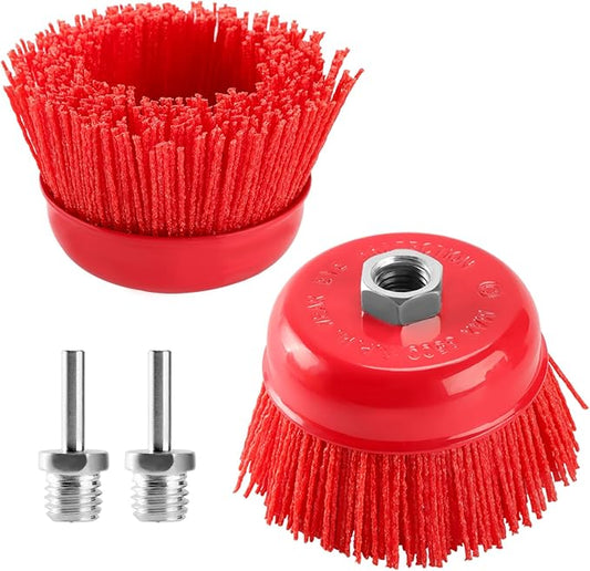 POLIWELL 4 Inch Nylon Filament Brush 2 Pack, 4” Abrasive Bristle Cup Brush Set 5/8"-11 Thread, 1/4" Arbor Max 8500 RPM for Variable Speed Angle Grinder, Polisher and Drill, Prep Surfaces for Bed Liner