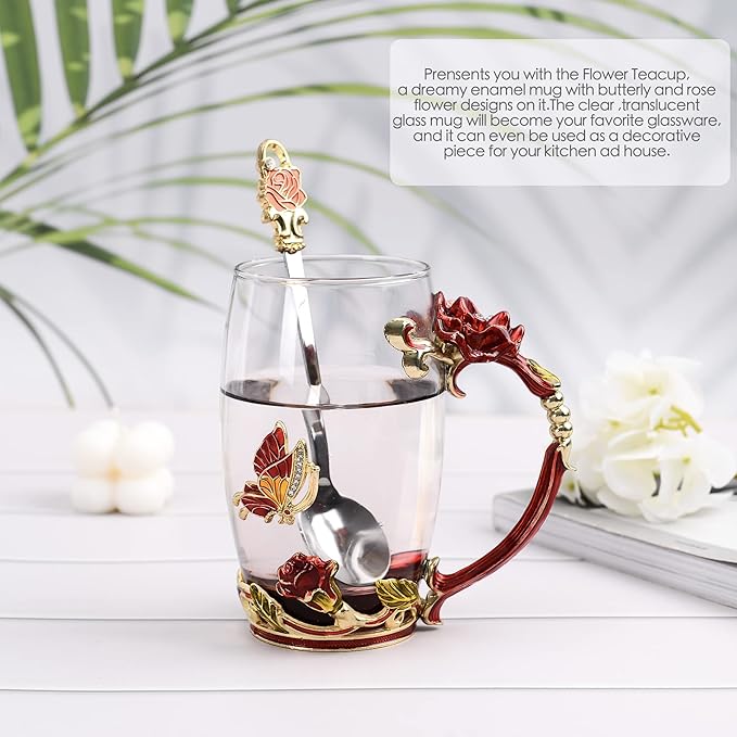Glass Coffee Mugs Flower Butterfly Tea Cup with Spoon and Box, Personalized Gifts for Mothers Day Gift, Women, Wife and Girlfriends (11oz)