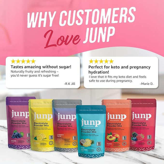 JUNP Sugar Free Electrolytes Powder Packets for Water Instant Hydration Packets with Salt & Potassium, Zero Calorie, No Carbs No Sugar Electrolyte Drink Mix Sticks, Keto Friendly, Wild Berry 5 Pack