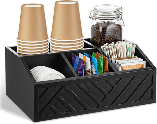 Kifmurase Black Coffee Station Organizer for Counter, Wood Coffee Pods Holder Storage Basket with 5 Compartments, Coffe and Tea Condiment Basket Storage Organizer, Farmhouse Bar Accessories Decor