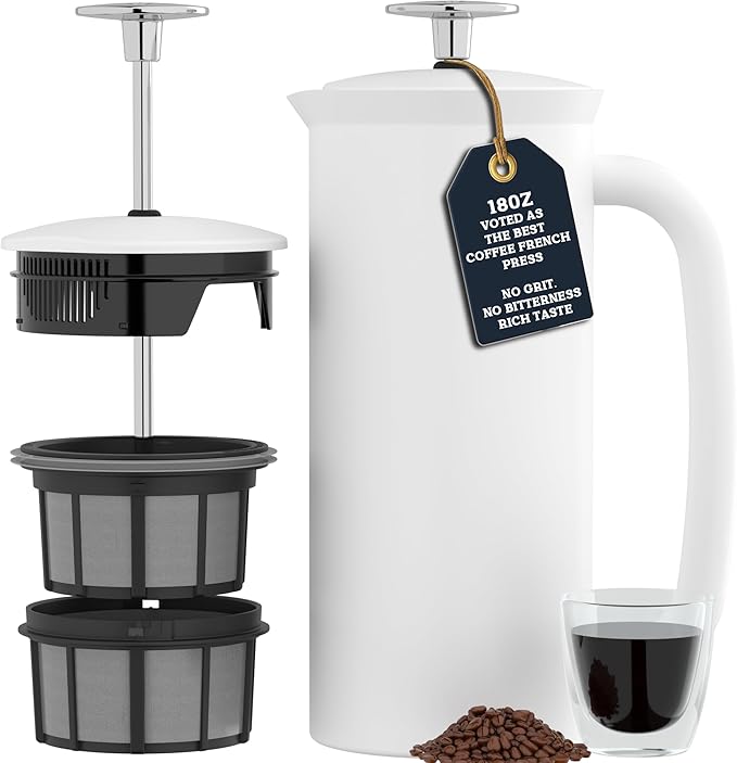 ESPRO P7 French Press Stainless Steel 304 – Patented Double Walled Micro-Filter Insulated French Press Coffee Maker, Grit-Free Brew - Heat Resistant BPA Free - Matte White (18oz)