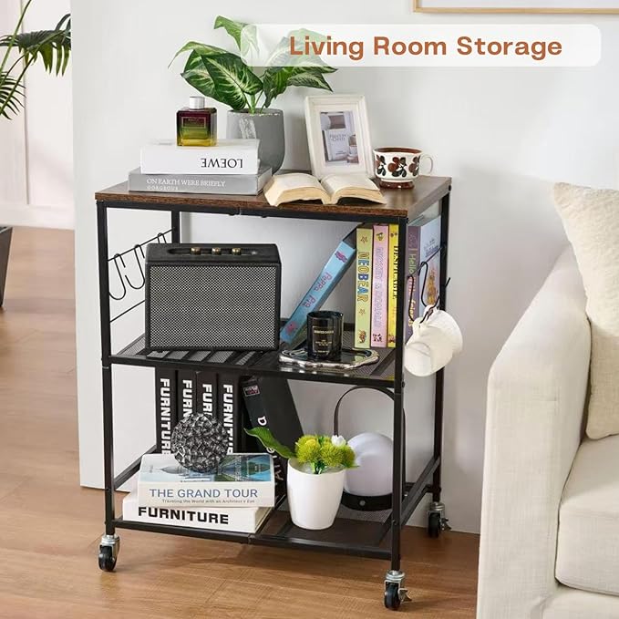 Rolling Kitchen Microwave Cart, 3 Tier Microwave Stand with Storage, Small Kitchen Island on Wheels, Wood and Mental Kitchen Shelf Rack, Black Organizer for Living Room, Office, Balcony