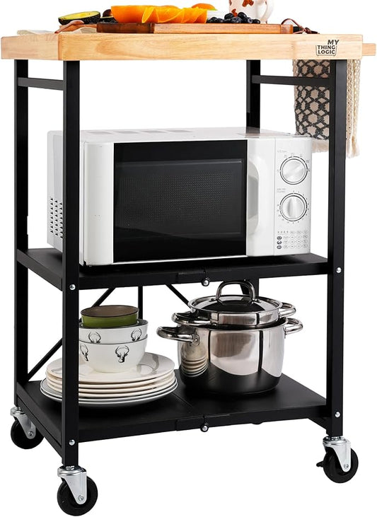 Mythinglogic Foldable Kitchen Storage Cart, 3-Tier Rolling Cart with Solid Oak Top, Heavy-Duty Metal Utility Rack for Microwave, Pots, Dish Set, Meal Prep Area, Kitchen Island on Lockable Wheels