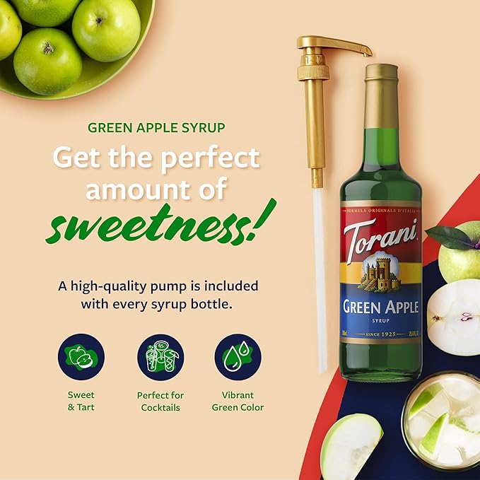 Torani Green Apple Syrup for Drinks, Flavoring for Sodas and Cocktails, Glass Bottle with Pump Included, 25.4 Fl Oz