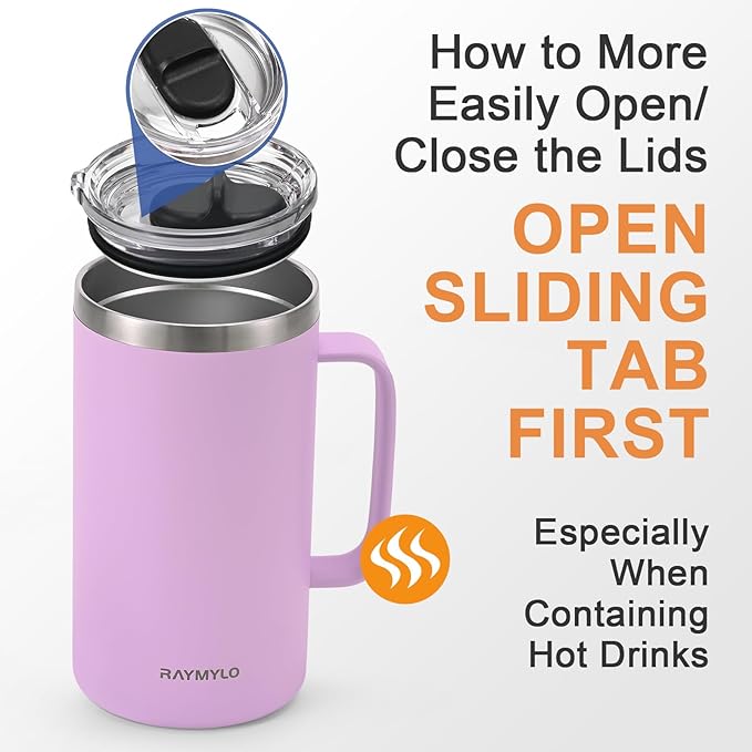 Insulated Coffee Mug 24 oz, Double Wall Stainless Steel Coffee Mug with Lids, Leak-Proof & Detachable Slider Lid for Thorough Clean, Keeps Coffee Cold for 9 Hrs, Suitable for Camp Home Office