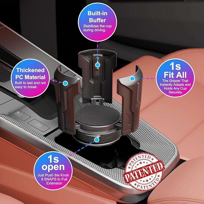 Cup Holder Expander (Adjustable Holder & Base, Auto-Fit Hold, One Button Open), Car Cup Holder Expander for Yeti, Hydro Flask, Nalgene, Owala, Bottles in 2.6"- 4.8" (2 Pack, Light Black)