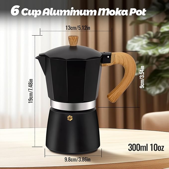 Vaolvpant 6 Cup Aluminum Moka Pot Classic Stovetop Espresso Coffee Maker 300ml 10oz Coffeemaker Percolator Mocha Pot Greca Coffee Maker Cafe Makers for Italian and Cuban Café Brewing Black