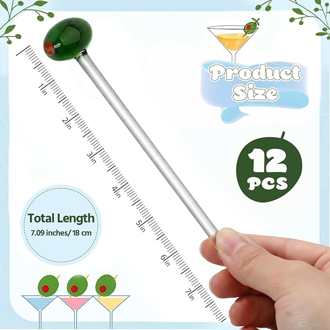 12 Pcs Glass Martini Drink Stirrers 7 Inch Olive Swizzle Sticks for Cocktails Coffee Reusable Olive Beverage Stir Sticks for Birthday Party Coffee Bar Kitchen Bar Weddings