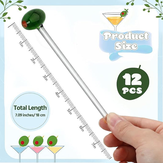 12 Pcs Glass Martini Drink Stirrers 7 Inch Olive Swizzle Sticks for Cocktails Coffee Reusable Olive Beverage Stir Sticks for Birthday Party Coffee Bar Kitchen Bar Weddings