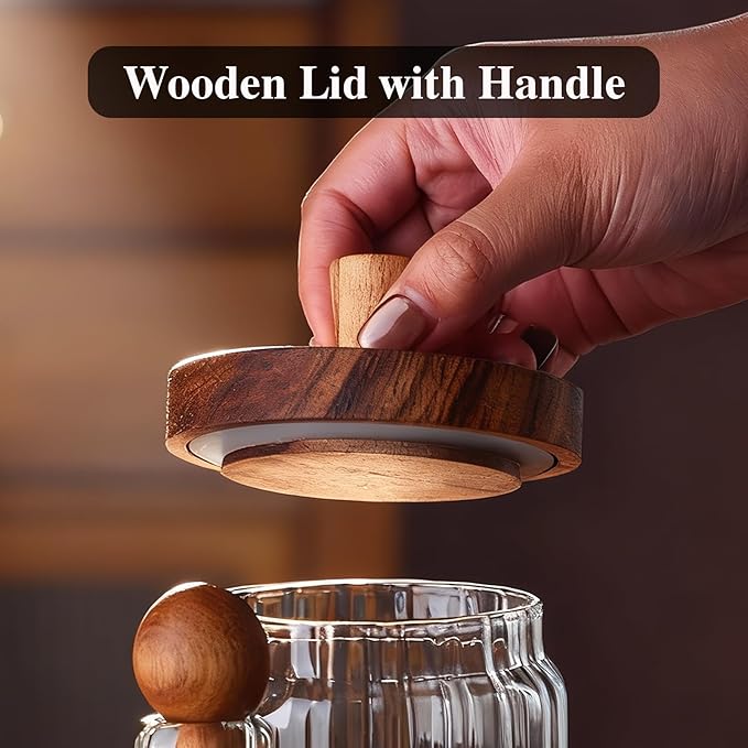 Coffee Canister, Coffee Container with Wooden Spoon and Lid, Ribbed Design, Airtight Storage Jar for Coffee Beans/Coffee Grounds/Sugar/Salt/Loose Leaf Tea, 20 Oz