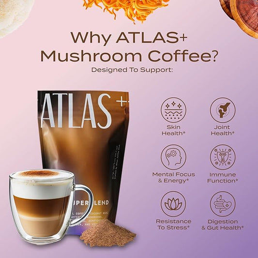 Atlas+ Latte Superblend– Premium Mushroom Coffee with Collagen, Probiotics, D3 & B12, Lion’s Mane, Reishi, Cordyceps, Coconut– for Energy, Focus, Immunity & Gut Health– 20 Servings (1 Bag)