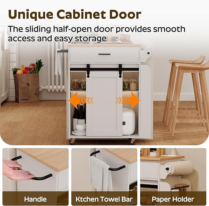 Kitchen Island with Storage, Kitchen Storage Cabinets with Charging Station, Kitchen Island on Wheels, Rolling Island Table with Sliding Cabinet Door, White and Natural ZD01UWN