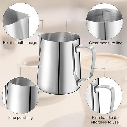 Honeydak 4 Pcs Milk Frothing Pitcher 304 Stainless Steel Steaming Pitchers for Coffee Bar Cappuccino Barista Tools Milk Jug Steamer Frother Cup (20 oz)