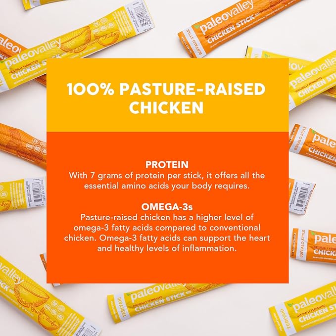 Paleovalley Pasture-Raised Chicken Sticks – 10 Pack – 7g Protein per Stick – Keto-Friendly, Paleo, Gluten-Free, Nitrate-Free – On-the-Go Snack (10 Pack, Buffalo)