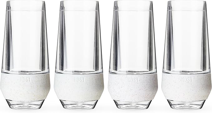 Host Freeze Champagne Flutes, Shatterproof Freezable Double Walled Stemless Sparkling Wine Glasses Drinking Set, Plastic Flutes for Mimosas and Champagne, Gifts for Wine Lovers, 9oz, Set of 4, Glitter