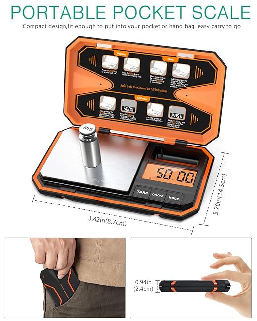 ORIA Digital Pocket Scale, 500g/0.01g High Precision Gram Scale with 50g Calibration Weight, Tare Function, 6 Units, Mini Portable Scale for Coin, Jewelry, Food, Coffee, Battery Included, Orange