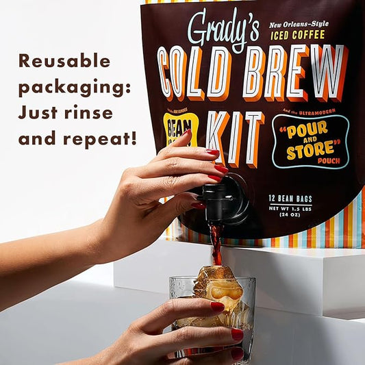 GRADY'S COLD BREW, French Vanilla, 100% Arabica Ground Coffee & Chicory Pouches, All-in-One Cold Brew Kit with 12 Easy-to-Brew Bags, Makes 36 Drinks
