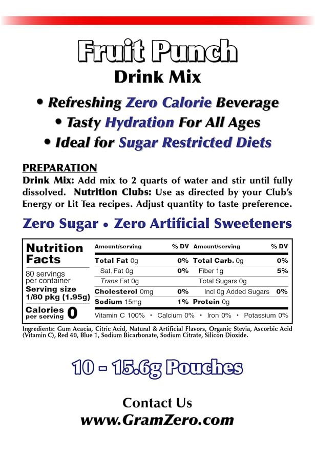 GramZero Fruit Punch, Sugar Free Drink Mix, Pitcher Pack, Great For Nutrition Club Loaded Tea, Zero Calorie, Stevia Sweetened