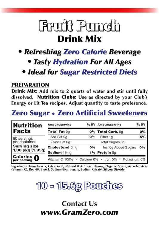 GramZero Fruit Punch, Sugar Free Drink Mix, Pitcher Pack, Great For Nutrition Club Loaded Tea, Zero Calorie, Stevia Sweetened