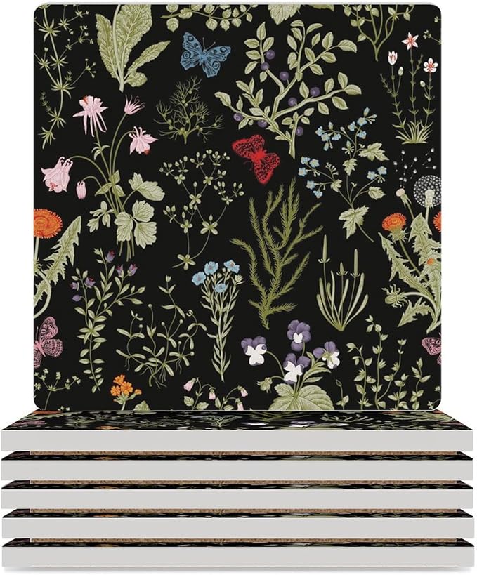 6PCS Botanical Drink Coasters, Square Modern Ceramic Absorbent Coasters, Colorful Cartoon Abstract Botanical Mushroom Plants Pattern Decor Desk Coffee Table Coaster for Beverage Cup Tea Coasters