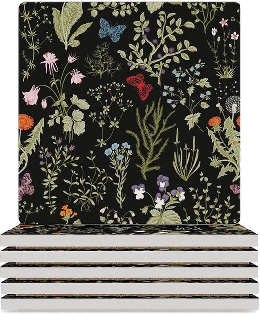 6PCS Botanical Drink Coasters, Square Modern Ceramic Absorbent Coasters, Colorful Cartoon Abstract Botanical Mushroom Plants Pattern Decor Desk Coffee Table Coaster for Beverage Cup Tea Coasters