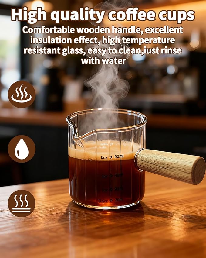 Espresso Measuring Cup 3 Oz, Espresso Glass Cups with Wood Handle, Milk Frothing Cup, Espresso Cup for Coffee, Milk, Tea or Maple Syrup Serving