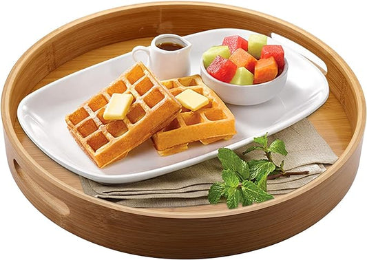 Jucoan 13.8 Inch Large Round Bamboo Serving Tray, Bamboo Wood Circle Tray with Handles, Round Ottoman Food Tray for Serving Breakfast, Drinks, Snack on Home Dining Table