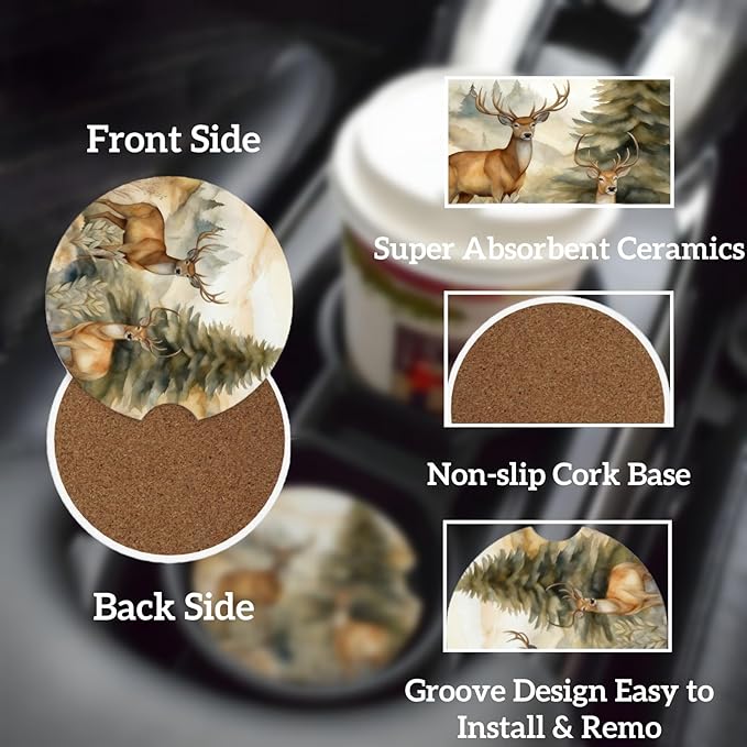 Car Cup Holder Coasters, 2 Pcs Ceramic Coasters with Finger Slot and Cork Back, Anti-Slip Shock Absorbing Women and Men Universal Car Accessories - Artistic Deer