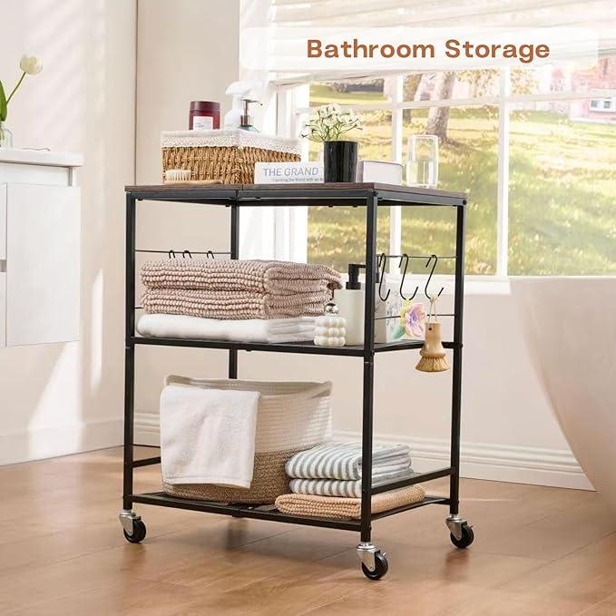 Rolling Kitchen Microwave Cart, 3 Tier Microwave Stand with Storage, Small Kitchen Island on Wheels, Wood and Mental Kitchen Shelf Rack, Black Organizer for Living Room, Office, Balcony