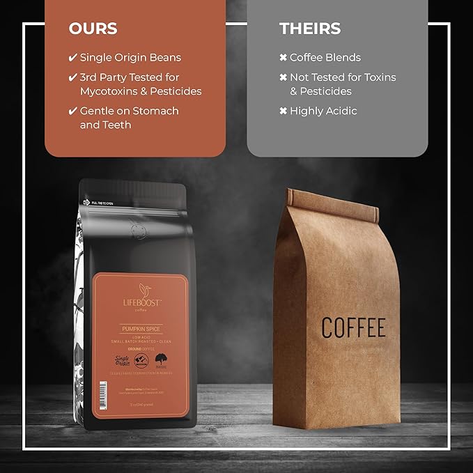 Lifeboost Pumpkin Spice Coffee Ground – Organic, Low Acid, Non-GMO, Single Origin Medium Roast – Mycotoxin-Free Cozy Flavored Fall Coffee, 12 oz