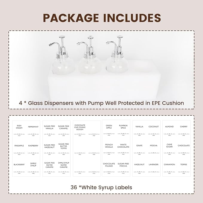16.9oz Coffee Syrup Dispensers 4Pack- Glass Syrup Dispenser Kit for Coffee Bar Accessories for Home Coffee Bar/Premium Labeled Barista Kit, Silver
