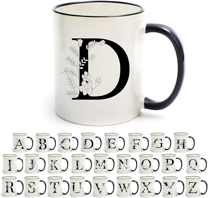 Monogram Ceramic Coffee Mugs, 11 oz Initial Drinking Cup with Gift Box, Unique Birthday Christmas Gifts for Women Wife Mothers Day Grandma Mom Aunt, D