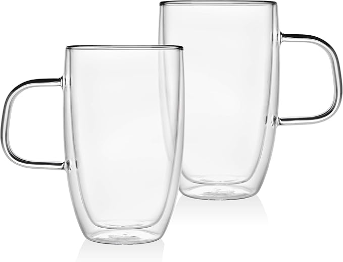Godinger Double Wall Glass Coffee Cups Insulated Mugs for Drinking Espresso Latte Mocha Tea – 15 oz – Set of Two