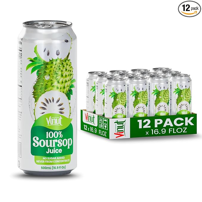 VINUT 100% Soursop Juice, No Added Sugar, Not From Concentrate, 16.9 fl oz (500 mL) Can, Pack of 12