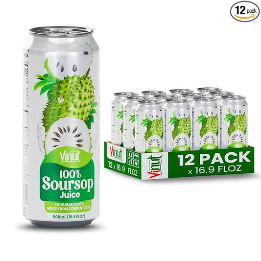 VINUT 100% Soursop Juice, No Added Sugar, Not From Concentrate, 16.9 fl oz (500 mL) Can, Pack of 12