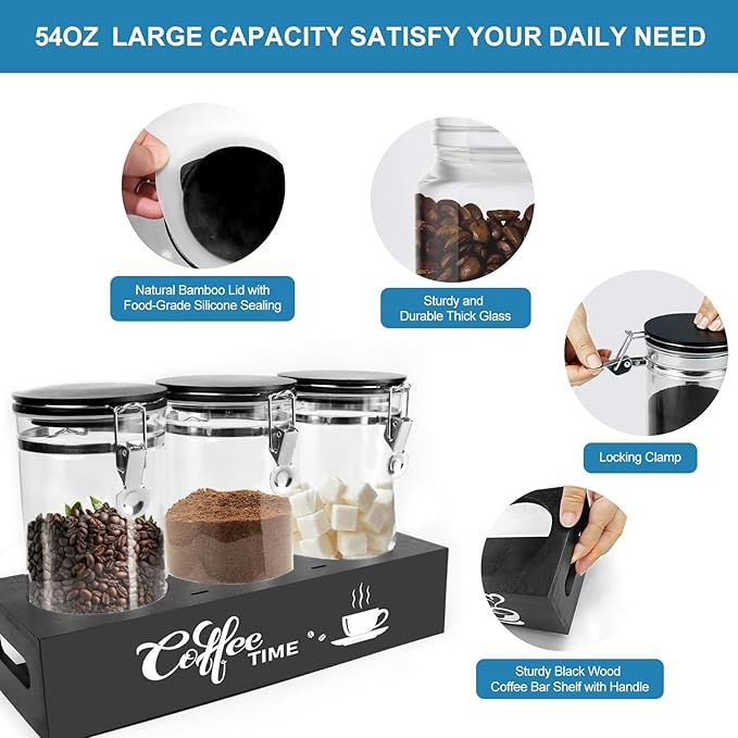 3PCS Glass Coffee Containers with Shelf, 54 oz Coffee Storage Container, Coffee Bean Storage Canisters with Airtight Locking Clamp Lid Spoons for Coffee Beans, Nuts, Sugar