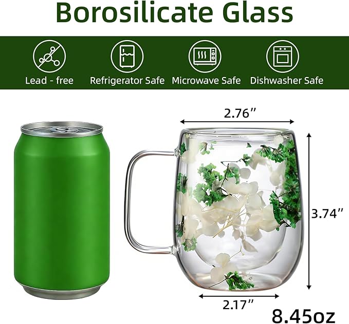 Dried Flowers Double Wall Insulated Coffee Mug, Borosilicate Glass Tea Cup with Real Flower Embedded, Heat Resistant Handle for Valentine's Day Birthday Gifts (green,8.45oz)