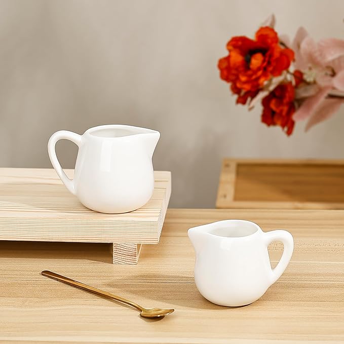 Koythin 2-Piece Ceramic Small Coffee Creamers, Tiny Creamer Pitcher for Milk Sauces Chocolate Jam, Adorable White Milk Pitchers for Parties Afternoon Tea, Mini Salad Dressing Container (2.9 oz/85 ml)
