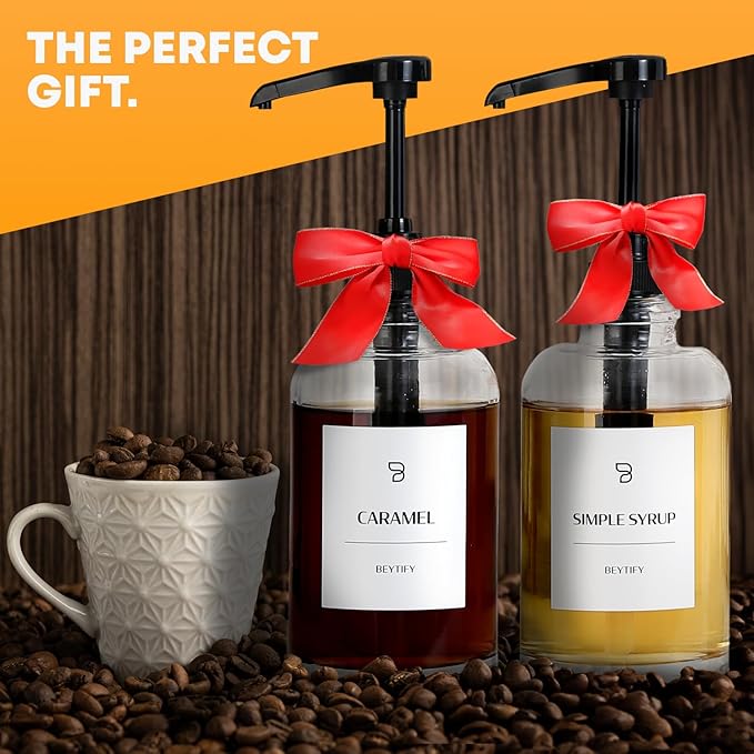 BEYTIFY Glass Coffee Syrup Dispenser Set | Glass Syrup Bottles with Pump Tops & 12 Labels | Refillable Leak-Proof Dispensers for Coffee Bar, Vanilla Caramel Hazelnut Syrups | Clear Glass, 2 Pack (16.9oz/500ml)